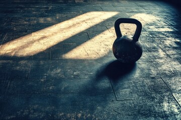Aufkleber - Kettlebell on gym floor with soft lighting creating contrast and a blank area for text Generative AI