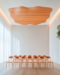 Aufkleber - Minimalist Nordic Workspace Design Organic Wood Acoustic Ceiling and Curated Seating - Contemporary Collaboration and Innovative Meeting Environment
