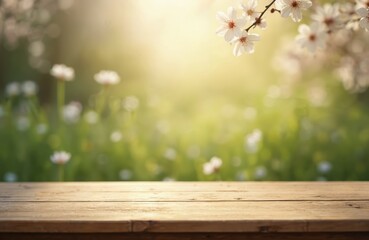 Aufkleber - Rustic wooden table against blurred spring background with blossom flowers. Empty wood desk surface. Green bokeh backdrop. Sunny countryside nature scene with wood board surface for food presentation.