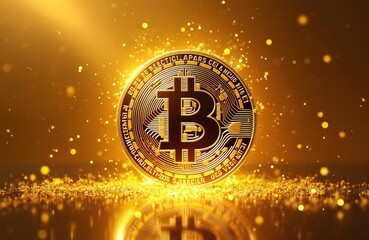 Aufkleber - Golden bitcoin coin virtual currency on gold background. Blockchain crypto technology digital money with electronic chip. Future finance monetary trade investment with reflections.