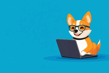 Poster - cartoon dog is sitting on a laptop computer. The dog is wearing glasses and he is smiling. Concept of humor and playfulness, as the dog is engaging in a human activity