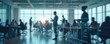 © miss irine - Wide angle visual of office with blurred people silhouettes, tables, chairs in corporate space. Transparent screen displays graphs, charts, data for finance, accounting, investment. Meeting, team