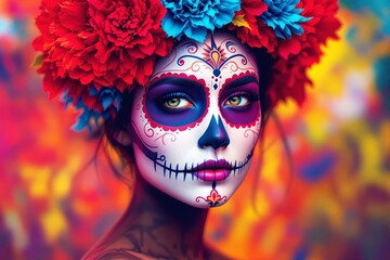 Aufkleber - Vibrant Dia de los Muertos face painting with colorful flowers.