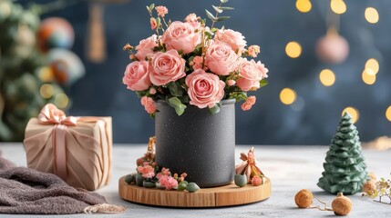 Poster - Elegant Arrangement of Pink Roses in Modern Vase with Decorative Elements and Soft Bokeh Background