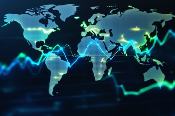 Poster - Global financial market chart with glowing lines and world map.