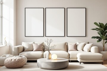 Poster - Modern living room interior with blank frames for artwork display on a light wall.