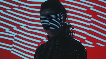 Aufkleber - woman in avant garde retrofuturistic attire with visor stands against red neon background