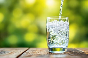 Aufkleber - Glass of water being poured on wooden table.