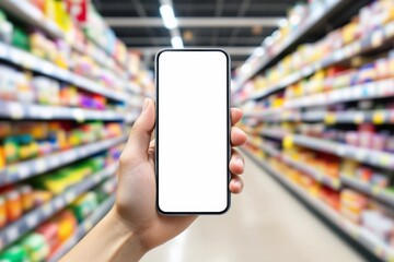 Poster - Hand holding smartphone with blank screen in supermarket aisle.