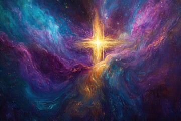 Wall Mural - vibrant abstract painting depicting the cosmos with a luminous cross radiating light through swirling nebulae of purples, blues, and golds, symbolizing divine presence in creation