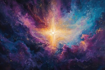 vibrant abstract painting depicting the cosmos with a luminous cross radiating light through swirlin