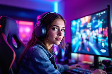 Poster - Female gamer with headset playing on PC in neon-lit gaming setup.