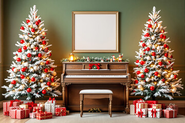 Poster - Elegant Christmas room with decorated piano and festive trees.
