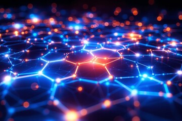 Poster - Abstract glowing network connections with bright blue and orange lights on dark background. Concept of digital communication and energy.