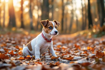 Poster - Adorable Jack Russell puppy sitting on autumn leaves in a forest.