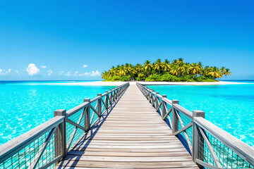 Aufkleber - Stunning wooden pier leading to tropical island with palm trees surrounded by crystal clear waters and a bright sky.