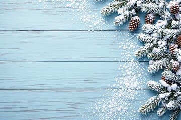 Poster - Snow-covered pine branches and cones on blue wooden background.