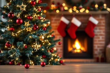 Poster - Christmas tree with golden and red ornaments near fireplace with stockings.