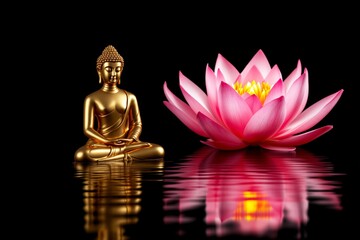 Aufkleber - Golden Buddha statue with pink lotus flower on black background.