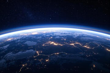 Poster - Stunning view of Earth's curvature from space with illuminated city lights and a starry night sky.
