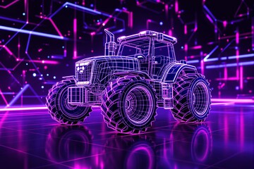 Aufkleber - Neon wireframe tractor with glowing lines on futuristic grid background.