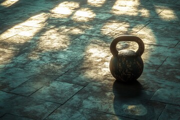 Poster - Kettlebell resting on gym floor in soft light with space for text in the top left corner Generative AI