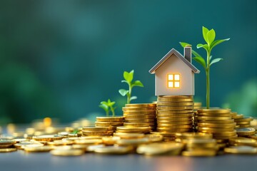 Poster - Model house atop stacked golden coins with green seedlings on a blurred teal background. Concept of real estate investment and growth.