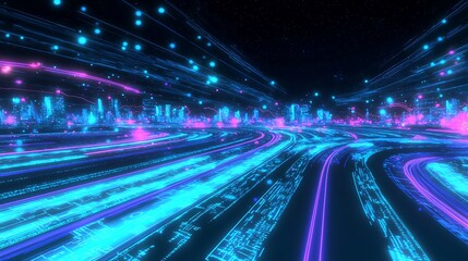 Wall Mural - a cityscape with neon lights and a futuristic feel
