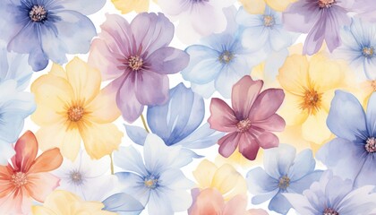 Fototapete - Vibrant and colorful illustration of various flowers, including blue, orange, and yellow blooms on white background.