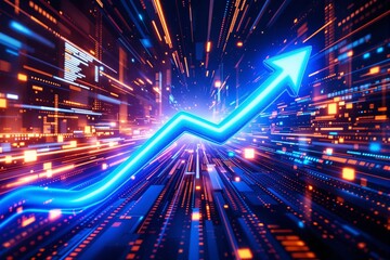 Poster - Bright glowing arrow pointing upwards amidst dynamic digital background with vibrant lights and futuristic design.