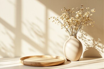 Aufkleber - Minimalistic beige background with vase of dried flowers and wooden tray in sunlight.
