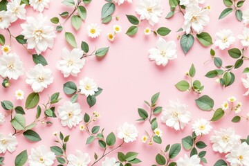 Poster - Floral arrangement of white flowers and green leaves on a pink background.