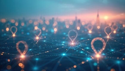Aufkleber - Digital cityscape illustration with glowing location markers connected by lines, represents network connections. Urban scene shows cyberspace communication, digital datum signals. Modern global