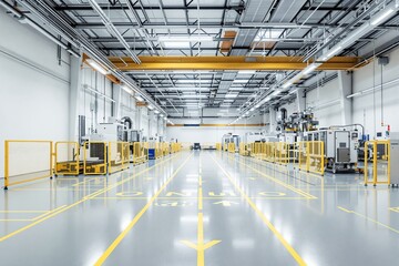 Aufkleber - Modern Industrial Factory with Machinery and Safety Barriers.