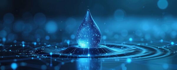 water drop with blue network connections signifies tech, innovation, connectivity. watery surface de