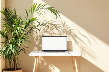 Aufkleber - Minimalist workspace with blank laptop screen on white desk and potted plant in natural light and shadows.