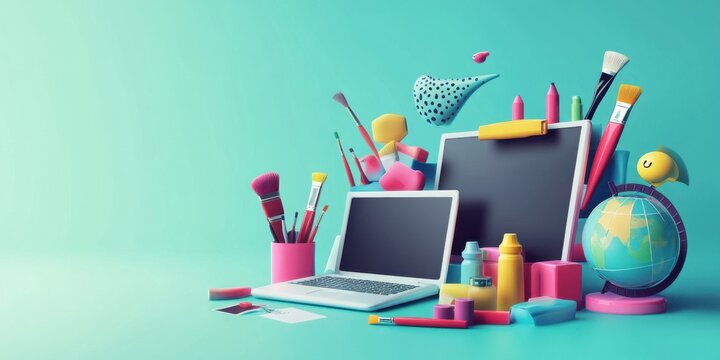 Vibrant Back to School Supplies: Laptops, Art, Globe, and Creativity Explode in Colorful 3D Render