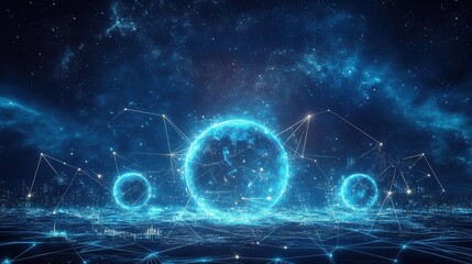 Poster - Dreamy cosmic landscape with interconnected planets and glowing symbols in a deep blue nebula setting