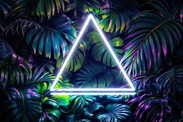 Aufkleber - Neon triangle glowing in lush tropical jungle background.