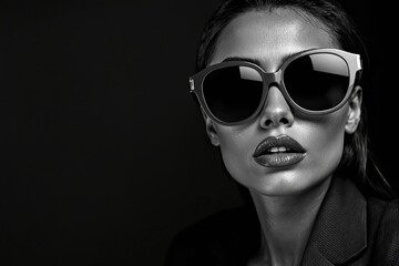 Poster - Monochrome portrait of a woman wearing sunglasses in a bold pose.
