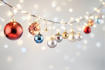 Poster - Christmas ornaments hanging on a string with lights.