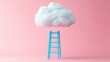 © warunthorn - Blue Ladder Reaching Towards Fluffy Cloud on Pink Background