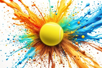 Poster - Tennis ball with colorful paint splashes.