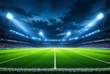 Illuminated soccer stadium at night with crowd.