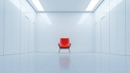 Aufkleber - A completely white-walled room with a single red chair in the center