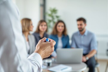 Poster - Business meeting with person holding marker.