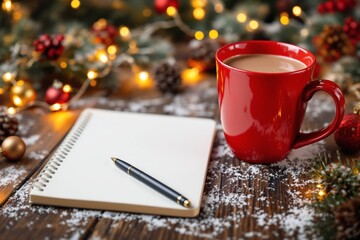 Poster - Red coffee mug and notebook on festive holiday background.