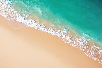 Poster - Aerial view of turquoise ocean waves meeting sandy beach shore.
