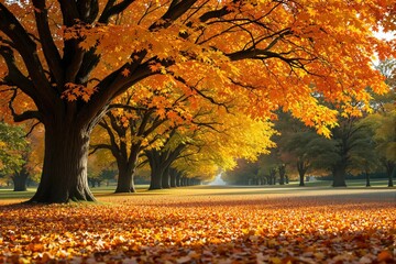 Poster - Vibrant autumn landscape with orange and yellow foliage under sunlight.