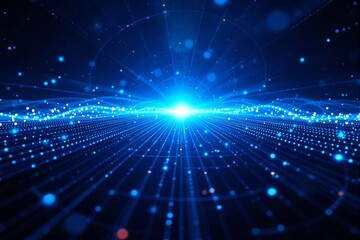 Poster - Abstract glowing blue light with particle waves on a dark background.
